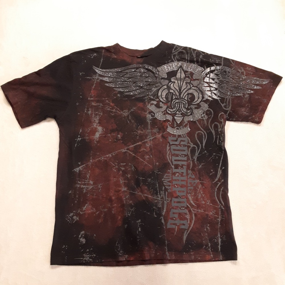 Southpole Premium Mens Graphic Tee 2XL Black/Red Tribal Wings Lava Wash Crew SS